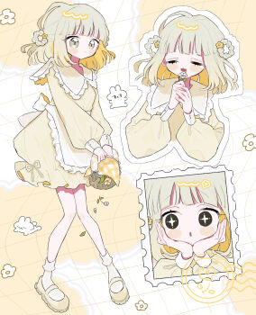 Rule 34 | + +, 1girl, :3, :d, :o, ahoge, apron, basket, blonde hair, blunt bangs, blush stickers, braid, braided hair rings, closed eyes, closed mouth, commentary request, dress, drooling, fang, flower, frilled apron, frills, full body, grey eyes, grey hair, grid background, hair rings, hands on own face, highres, holding, holding basket, holding flower, long sleeves, looking at viewer, multicolored hair, multiple views, niyu (nennenkorori3), open mouth, original, postcard, shoes, smile, socks, standing, two-tone hair, white apron, white background, white socks, yellow dress, yellow shoes