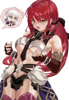 2girls absurdres armor bare_shoulders bikini_armor black_gloves blue_ribbon blunt_bangs blush breasts commentary_request cosplay detached_collar elbow_gloves fate/grand_order fate/strange_fake fate_(series) fingerless_gloves glasses gloves grey_eyes hair_ribbon half_updo highres hippolyta_(fate) klash long_hair looking_at_viewer medium_breasts multiple_girls necktie open_mouth penthesilea_(amazones_ceo)_(fate) penthesilea_(fate) penthesilea_(fate)_(cosplay) red_hair ribbon siblings sidelocks sisters smile sparkle thighs white_hair yellow_eyes