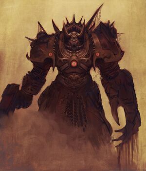 1boy adeptus_astartes armor blood bloody_weapon bolter breastplate chain chaos_(warhammer) chaos_space_marine clawed_gauntlets commentary dust dust_cloud english_commentary eyes_of_horus_(warhammer_40k) fake_horns full_armor gauntlets helmet highres holding holding_weapon horned_helmet horns pauldrons power_armor red_eyes shoulder_armor solo spiked_armor spikes terminator_armor thefearmaster warhammer_40k weapon