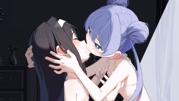 2girls absurdres bikini black_hair blue_eyes closed_eyes double_bun french_kiss hair_bun hairband highres kiss kodomo_doushi loli long_hair multiple_girls original saliva shiratama_mochi swimsuit white_hairband yuri