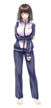 Rule 34 | 1girl, amakano 2, arm under breasts, barefoot, blue jacket, blue pants, blush, breasts, brown hair, closed eyes, facing viewer, full body, hand on own arm, jacket, kurohime yuuhi, large breasts, large variant set, long sleeves, lower teeth only, medium hair, multicolored jacket, official art, open mouth, pants, piromizu, simple background, sleeves past wrists, smile, solo, standing, tachi-e, teeth, track jacket, track pants, two-tone jacket, variant set, white background, white jacket