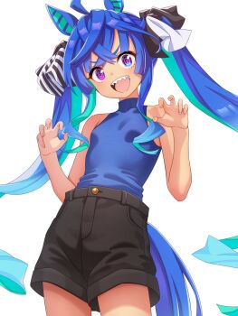 1girl @_@ ahoge alternate_costume animal_ears aqua_hair black_shorts blue_eyes blue_hair blue_shirt bow claw_pose commentary_request cowboy_shot crossed_bangs hair_bow hands_up heterochromia highres horse_ears horse_girl horse_tail katsushika_yuki long_hair looking_at_viewer looking_down multicolored_hair open_mouth oversized_clothes purple_eyes sharp_teeth shirt shorts sidelocks simple_background sleeveless sleeveless_shirt sleeveless_turtleneck solo striped_bow tail teeth turtleneck twin_turbo_(umamusume) twintails two-tone_hair umamusume upper_teeth_only v-shaped_eyebrows very_long_hair white_background