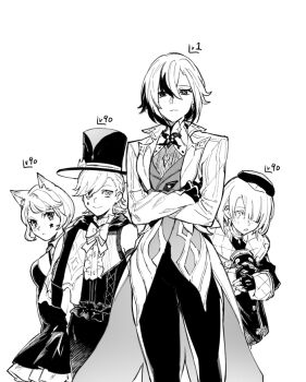 2boys 2girls animal_ears arlecchino_(genshin_impact) beret blunt_bangs bow bowtie cat_ears child coat cowboy_shot crossed_arms dress expressionless freminet_(genshin_impact) frilled_shirt frills genshin_impact greyscale hair_over_one_eye hat height_difference level_difference long_sleeves looking_at_viewer lynette_(genshin_impact) lyney_(genshin_impact) marking_on_cheek monochrome multicolored_hair multiple_boys multiple_girls nikumiso one_eye_covered pants shirt short_hair simple_background smile standing swept_bangs symbol-shaped_pupils teardrop_facial_mark top_hat two-tone_hair white_background x-shaped_pupils