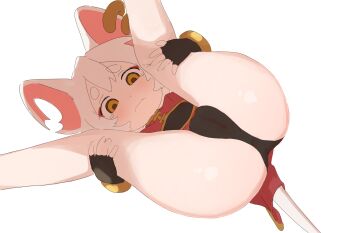 1girl absurdres ass black_gloves black_panties breasts cameltoe fingerless_gloves folded gloves highres loli mouse_girl original panties short_hair small_breasts solo thick_eyebrows thighs underwear white_hair wuju59 yellow_eyes