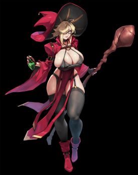 1girl black_background black_gloves breasts curvy eu03 fingerless_gloves full_body glass gloves hair_over_one_eye hat holding holding_staff huge_breasts jacket nail_polish original potion red_hat red_jacket revealing_clothes simple_background staff thick_thighs thighhighs thighs witch witch_(eu03) witch_hat
