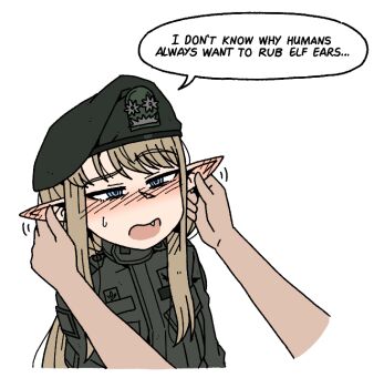 1girl 1other blue_eyes blush brown_hair elf english_text fang hat karepack long_hair military_uniform open_mouth original pointy_ears rubbing_ears sidelocks simple_background solo_focus speech_bubble white_background yi_jina