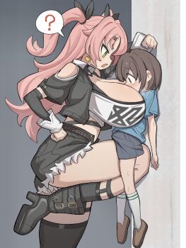 1boy 1girl ? absurdres age_difference between_breasts black_jacket blue_skirt blush boots breasts brown_eyes brown_hair brown_shoes bulge earrings erection erection_under_clothes green_eyes hair_ornament head_between_breasts highres jacket jewelry kabedon ketsu_juuji_killer_(kejuki) large_breasts nicole_demara onee-shota pink_hair pinned shoes shota skirt socks tagme zenless_zone_zero