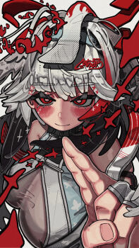 1girl alternate_form armlet bare_shoulders black_hair blush breasts china_dress chinese_clothes closed_mouth commentary_request dress droopy_ears gradient_hair grey_background hairband highres jewelry large_breasts long_hair looking_at_viewer multicolored_hair red_eyes red_hair see-through_clothes shisunomiunko simple_background smile solo upper_body white_dress white_hair white_hairband ye_shunguang zenless_zone_zero