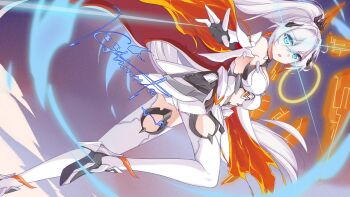 Rule 34 | 1girl, :o, antenna hair, bare shoulders, blue eyes, boots, breasts, cape, clothing cutout, commentary request, cutout above navel, gauntlets, glowing, glowing eye, hair between eyes, hair ornament, highres, honkai (series), honkai impact 3rd, kiana kaslana, kiana kaslana (herrscher of flamescion), kolimiya, large breasts, long hair, looking at viewer, outstretched arm, signature, solo, thigh boots, thighhighs, torn cape, torn clothes, underboob, white boots, white hair