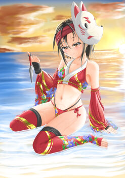 1girl alternate_costume arm_at_side bare_shoulders black_gloves black_hair black_panties blush breasts brown_eyes closed_mouth collarbone cropped_kimono detached_sleeves eyelashes feet_out_of_frame female_focus fingerless_gloves gloves hand_up highleg highleg_panties holding holding_kunai holding_weapon japanese_clothes japanese_text kimono kosode kunai kunoichi_tsubaki_no_mune_no_uchi kuroi_ninjin looking_at_viewer mask mask_on_head medium_hair midriff multicolored_kimono navel ocean orange_sky outdoors panties petite red_kimono red_panties red_sleeves red_thighhighs rindou_(kunoichi_tsubaki_no_mune_no_uchi) sitting sky sleeveless sleeveless_kimono small_breasts solo sunset thighhighs toeless_legwear underwear variant_set wariza water weapon wet white_kimono wide_sleeves