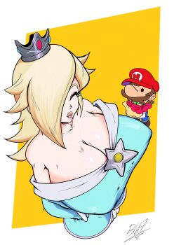 1boy 1girl aqua_dress bare_shoulders blonde_hair blue_eyes breasts brooch cleavage closed_eyes crown dress earrings from_above hair_over_one_eye high_heels jewelry large_breasts long_hair long_sleeves mario mario_(series) nintendo off-shoulder_dress off_shoulder phi_wave pointy_breasts rosalina smile star_(symbol) star_brooch star_earrings super_mario_bros._wonder
