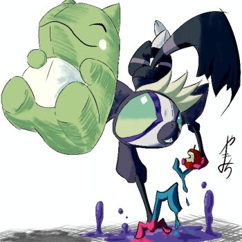 Rule 34 | animal focus, commentary request, dripping, food, fruit, grafaiai, holding, holding food, holding fruit, jaggy lines, nintendo, no humans, one-hour drawing challenge, paint, pokemon, pokemon (creature), pokemon focus, pokemon move, simple background, stuffed toy, substitute (pokemon), teeth, translation request, white background, ya machi (user vsrc3375)