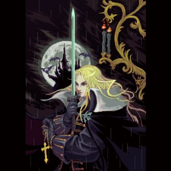 1boy alucard_(castlevania) animated animated_gif bat_(animal) blonde_hair candle cape castlevania:_symphony_of_the_night castlevania_(series) commentary cross cross_necklace derivative_work english_commentary full_moon holding holding_jewelry holding_necklace holding_sword holding_weapon jewelry lightning long_hair moon necklace omegachaino rain solo sword weapon