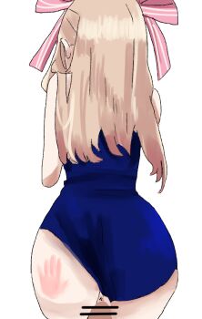 1boy 1girl anus ass bad_id bad_pixiv_id blonde_hair chaos_marie_(grimms_notes) from_behind grimms_notes hetero huge_ass long_hair penis pov sex shipapa_usagi simple_background slap_mark standing standing_sex vaginal white_background