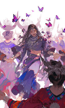 1other anklet black_hair blue_pants blue_shirt bracelet bug butterfly closed_eyes cropped_shirt dancing earrings happy harem_pants highres ibuki_satsuki insect jewelry long_hair long_sleeves midriff navel open_mouth original outdoors pants people puffy_pants shirt wide_sleeves