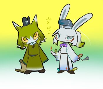 2girls adapted_costume aegyo_sal animal_ears aqua_background black_hat black_ribbon black_shoes blue_eyes blue_hat cat_girl chibi closed_mouth collared_shirt colored_sclera colored_tips fire furrification furry furry_female gradient_background green_eyes green_hair green_kimono green_ribbon happy hat hat_ribbon holding holding_scroll japanese_clothes kariginu kimono long_sleeves looking_at_viewer medium_hair mononobe_no_futo multicolored_hair multiple_girls neck_ribbon ofuda ofuda_on_clothes perro090119 pom_pom_(clothes) ponytail purple_ribbon pyrokinesis rabbit_ears rabbit_girl red_ribbon ribbon ribbon-trimmed_sleeves ribbon_trim scroll shirt shirt_under_kimono shoes short_hair short_ponytail simple_background sleeve_ribbon sleeves_past_fingers sleeves_past_wrists slit_pupils smile snout soga_no_tojiko standing tate_eboshi touhou translation_request two-tone_hair white_background white_hair white_kimono white_shirt wide_sleeves yellow_background yellow_sclera