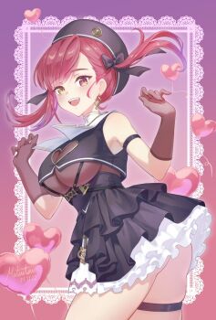 1girl ass balloon bare_shoulders black_hat black_shirt black_skirt bodystocking bow breasts commentary_request cowboy_shot cropped_shirt dated earrings frilled_skirt frills hat heart_balloon heterochromia highres hololive houshou_marine houshou_marine_(ahoy!!_you're_all_pirates) jewelry large_breasts matsutsu official_alternate_costume open_mouth purple_background red_bow red_eyes sharp_teeth shirt skirt solo teeth twintails virtual_youtuber yellow_eyes