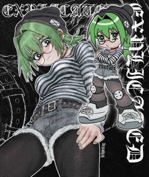 1girl absurdres belt blush breasts commentary denim denim_shorts english_commentary glasses green_eyes green_hair hair_between_eyes hair_intakes hat hedprotag highres looking_at_viewer medium_breasts multiple_views nail_polish original pantyhose shirt shorts striped_clothes striped_shirt