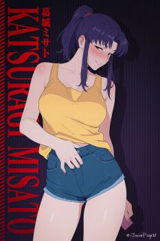 1girl blush condom juicepiggy16 katsuragi_misato looking_at_viewer neon_genesis_evangelion ponytail purple_hair shirt shorts tank_top yellow_shirt