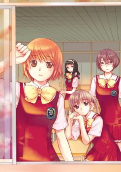 4girls against_window black_eyes black_hair bow bowtie breasts brown_eyes brown_hair ceiling chair classroom closed_mouth collared_shirt cowboy_shot desk door dress elbow_rest expressionless from_outside glasses hair_between_eyes hairband highres kamiizumi_yasuna kashima_high_school_uniform kashimashi katsura_yukimaru kurusu_tomari looking_at_viewer looking_outside mari_ayuki multiple_girls non-web_source official_art on_chair open_window orange_eyes orange_hair osaragi_hazumu own_hands_together parted_lips pinafore_dress pleated_skirt purple_eyes purple_hair red_dress red_skirt red_vest school_chair school_desk school_emblem school_uniform semi-rimless_eyewear shirt short_hair short_sleeves sitting skirt skirt_set sleeveless sleeveless_dress source_request standing summer_uniform under-rim_eyewear upper_body vest white_hairband white_shirt window wooden_ceiling yellow_bow yellow_bowtie
