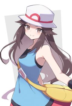 1girl blue_shirt blush breasts brown_eyes brown_hair bucket_hat closed_mouth hat highres leaf_(pokemon) long_hair looking_at_viewer nintendo piyo_to_game pokemon pokemon_frlg porkpie_hat red_skirt shirt skirt sleeveless sleeveless_shirt smile upper_body vs_seeker white_hat wristband yellow_bag