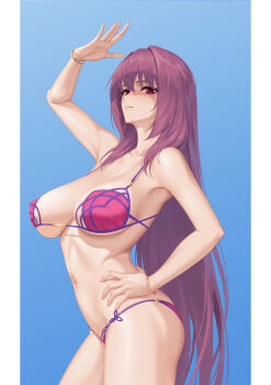 Rule 34 | 1girl, bare shoulders, bikini, breasts, cleavage, collarbone, fate/grand order, fate (series), highres, large breasts, long hair, looking at viewer, navel, nmi, pink bikini, purple hair, red eyes, scathach (fate), scathach (fate/grand order), scathach (swimsuit assassin) (fate), smile, solo, swimsuit, thighs