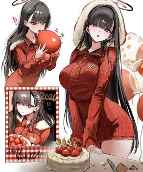 ! !! 1girl 2026 absurdres alternate_costume balloon black_hair blue_archive blush breasts cake commentary dress english_commentary food fur-trimmed_dress fur_trim furuming1 halo highres holding holding_balloon hood hood_up large_breasts looking_at_viewer open_mouth red_dress red_eyes red_halo rio_(blue_archive) short_dress teeth upper_teeth_only