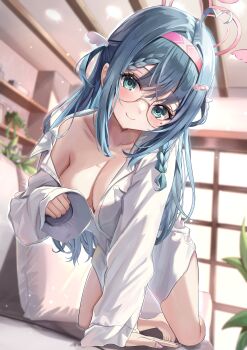 1girl absurdres ahoge amano_nene_(vtuber) bandaid bandaid_hair_ornament blue_eyes blue_hair braid breasts cleavage closed_mouth collarbone hair_ornament hairband halo heart heart_halo highres indie_virtual_youtuber long_hair long_sleeves mole mole_under_eye pillow pink_hairband pink_nails plant second-party_source shadow shirt smile solo suidou_chaahan virtual_youtuber white_shirt wing_hair_ornament