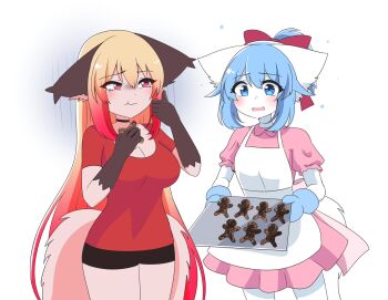 2girls animal_ear_fluff animal_ears apron back_bow black_choker black_shorts blue_eyes blue_hair blush bow breasts burnt_cookies burnt_food choker cleavage closed_mouth collared_dress colored_skin commentary cookie cowboy_shot crying crying_with_eyes_open dot_nose dress ears_down eating english_commentary food gingerbread_cookie gingerbread_man gloom_(expression) gradient_hair hair_between_eyes hair_bow hands_up highres holding holding_cookie holding_food holding_tray indie_virtual_youtuber large_breasts long_hair low_neckline luna_(wolfychu) medium_breasts multicolored_hair multiple_girls open_mouth oven_mitts pink_bow pink_dress ponytail puffy_short_sleeves puffy_sleeves red_bow red_hair red_shirt shirt short_hair short_hair_with_long_locks short_ponytail short_shorts short_sleeves shorts simple_background tail tan tearing_up tears thick_tail thick_thighs thighs thumbs_up tray turn_pale two-tone_hair unhappy very_long_hair virtual_youtuber wavy_mouth white_apron white_background white_skin wolf_ears wolf_girl wolf_tail wolfychu wolfychu_(artist)
