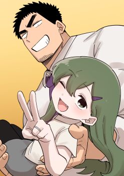 Rule 34 | 1boy, 1girl, absurdres, black hair, black pantyhose, carrying, commentary request, gradient background, green eyes, green hair, grey skirt, grin, hair ornament, hairclip, highres, husband and wife, igarashi futaba, jewelry, long hair, looking at viewer, miniskirt, necktie, one eye closed, pantyhose, princess carry, purple necktie, ring, senpai ga uzai kouhai no hanashi, shiromanta, shirt, size difference, skirt, smile, takeda harumi, v, wedding ring, white shirt