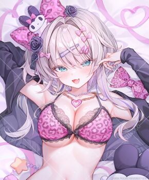 1girl absurdres alllisso animal_print blue_eyes blush bow bra breasts cleavage hair_ornament hands_near_face heart heart_necklace highres jewelry leopard_print lingerie lying necklace smile solo thighhighs underwear white_hair