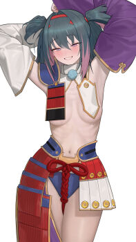 1girl absurdres armor armpits arms_up asymmetrical_clothes asymmetrical_sleeves black_hair black_survival blue_panties blush breast_curtains breasts commentary_request cosplay detached_sleeves eternal_return:_black_survival fate/grand_order fate_(series) gonggong_ill grin hair_ornament hair_rings hairband highres hisui_(black_survival) japanese_armor korean_commentary kusazuri looking_at_viewer medium_breasts mismatched_sleeves mole mole_under_eye multicolored_hair navel panties pink_hair pom_pom_(clothes) purple_eyes purple_sleeves revealing_clothes shoulder_armor simple_background single_pantsleg smile sode solo stomach streaked_hair thighs underwear ushiwakamaru_(fate) ushiwakamaru_(fate)_(cosplay) ushiwakamaru_(second_ascension)_(fate) white_background white_sleeves wide_sleeves