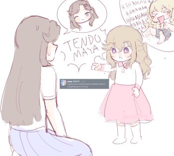 >_< 3girls blonde_hair blue_eyes blue_skirt brown_hair child commentary english_commentary english_text highres if_they_mated long_hair mother_and_child mother_and_daughter multiple_girls one_eye_closed owiphony parent_and_child pink_skirt purple_eyes saijo_claudine science_babies shirt shoujo_kageki_revue_starlight simple_background skirt speech_bubble sweatdrop tendo_maya white_background white_shirt yuri