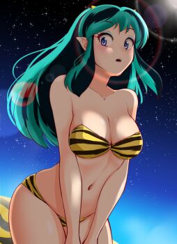 1girl absurdres animal_print bikini blue_eyes breasts cleavage commentary_request cone_horns cowboy_shot green_hair highres horns lens_flare long_hair looking_at_viewer lum medium_breasts nanao_futaba navel pointy_ears small_horns solo star_(sky) strapless strapless_bikini swimsuit tiger_print urusei_yatsura yellow_bikini yellow_horns