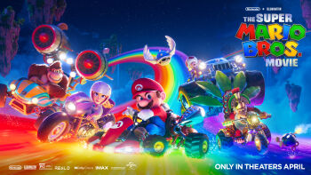 1girl 4boys biker_clothes biker_peach bikesuit blue_shell_(mario) bob-omb bodysuit copyright_name cranky_kong donkey_kong donkey_kong_(series) drifting driving english_text exhaust_pipe floating_island gloves go-kart hat highres jet_engine logo mario mario_(series) monster_truck motor_vehicle motorcycle multiple_boys night nintendo official_art overalls princess_peach promotional_art rainbow sky smile spiked_shell star_(sky) starry_sky the_super_mario_bros._movie toad_(mario) wings