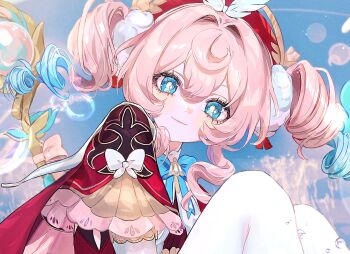 1girl aqua_eyes aqua_hair beret closed_mouth dress drill_hair gmpoo93 hair_between_eyes hat highres honkai:_star_rail honkai_(series) hyacine_(honkai:_star_rail) long_hair long_sleeves looking_at_viewer multicolored_hair pantyhose pink_hair puffy_long_sleeves puffy_sleeves red_dress red_hat smile solo twin_drills two-tone_hair white_pantyhose white_sleeves yellow_pupils