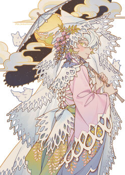 1girl absurdres blush commentary_request cowboy_shot fox_girl from_side green_eyes highres holding holding_umbrella im_honeybread japanese_clothes kimono long_sleeves looking_at_viewer original parted_lips pink_kimono profile simple_background solo twitter_username umbrella white_background white_umbrella wide_sleeves