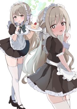 1girl absurdres alternate_costume apron black_dress black_shoes blue_archive blush bow braid cake cake_slice clenched_hand commentary cowboy_shot dress enmaided food frilled_apron frilled_dress frilled_sleeves frills from_side full_body garter_straps green_halo grey_hair hair_bow hair_ribbon halo hand_up high_heels highres holding holding_plate long_hair looking_at_viewer maid maid_apron maid_headdress miyo_(blue_archive) multiple_views open_mouth plate pleated_dress ribbon ribbon_braid shoes short_dress sidelocks simple_background skindentation smyin_rii standing thighhighs very_long_hair white_apron white_background white_bow white_ribbon white_thighhighs zettai_ryouiki