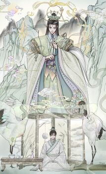 beads chinese_clothes dlloyee dress guqin hair_bun hanfu highres long_hair long_sleeves love_and_deepspace male_focus prayer_beads print_dress xiao_guan_(headdress) zayne_(love_and_deepspace)