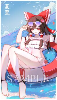 +++ 1girl absurdres alternate_costume barefoot bikini blue_sky bow brown_hair chinese_commentary chinese_text cloud collarbone commentary_request day detached_sleeves eyewear_on_head frilled_bow frilled_hair_tubes frills hair_bow hair_tubes hakurei_reimu highres long_hair navel ocean open_mouth outdoors red_bow red_eyes sample_watermark shen_bi_ren_(user_rjgy2824) sky solo stomach summer sunglasses swim_ring swimsuit toes touhou translation_request water watermark white-framed_eyewear white_bikini
