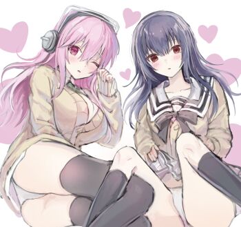 2girls black_hair black_socks black_thighhighs blush breasts brown_cardigan cardigan commentary_request headphones heart highres kimi_to_kanojo_to_kanojo_no_koi. large_breasts long_hair long_sleeves looking_at_viewer multiple_girls nitroplus nyanp_neko one_eye_closed panties parted_lips pink_eyes pink_hair red_eyes ribbon sailor_collar skirt socks sone_miyuki spread_legs super_sonico thighhighs thighs underwear white_panties white_sailor_collar white_skirt