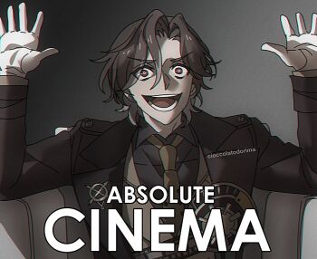 1boy :d absolute_cinema_(meme) cioccolatodorima gloves hair_between_eyes honkai:_star_rail honkai_(series) jacket long_sleeves male_focus meme mr._reca_(honkai:_star_rail) necktie open_clothes open_jacket open_mouth short_hair smile solo upper_body