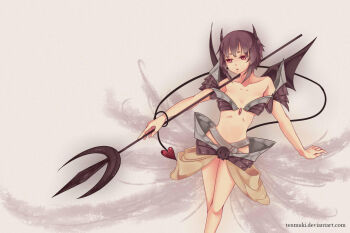 1girl armor bikini_armor black_horns commentary demon_girl deviruchi english_commentary feet_out_of_frame flat_chest grey_background highres holding holding_pitchfork horns looking_afar open_mouth pauldrons personification pitchfork ragnarok_online red_eyes short_hair shoulder_armor solo tenmuki thick_eyebrows