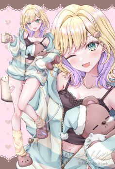 1girl allymidorikawa animal_slippers asymmetrical_legwear blonde_hair breasts brown_slippers cleavage colored_inner_hair commentary_request cup fangs full_body green_eyes hair_ornament highres holding holding_cup jacket kurumi_noah kurumi_noah_(6th_costume) long_sleeves looking_at_viewer midriff multicolored_hair navel one_eye_closed open_clothes open_jacket open_mouth purple_hair short_hair shorts slippers smile socks standing standing_on_one_leg uneven_legwear virtual_youtuber vspo! yellow_socks zoom_layer