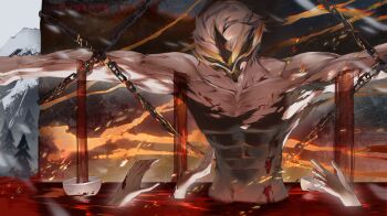 1boy 3others abs absurdres blood chain chinese_commentary commentary_request grey_hair highres honkai_(series) honkai_impact_3rd kailu_(kyshiro) kalpas_(honkai_impact) male_focus mask mask_on_head multiple_others restrained short_hair solo_focus toned toned_male topless_male