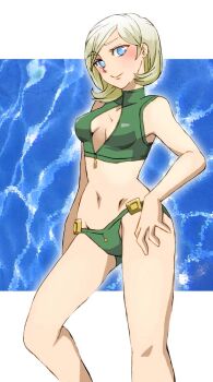 1girl bikini blonde_hair blue_eyes blush border breasts cleavage_cutout clothing_cutout commentary_request green_bikini hand_on_own_thigh looking_at_viewer navel onnaski shin_megami_tensei shin_megami_tensei:_strange_journey short_hair smile solo swimsuit water white_border zelenin_(strange_journey)