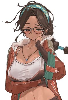 Rule 34 | 1girl, absurdres, alma (monster hunter wilds), arm under breasts, blue hairband, blush, breasts, brown-framed eyewear, brown camisole, brown eyes, brown hair, camisole, camisole over clothes, cleavage, closed mouth, collarbone, commentary request, floating hair, glasses, hairband, half-closed eyes, hand on own neck, highres, hood, hood down, hooded jacket, huge breasts, jacket, jewelry, kiyoung park, korean commentary, long hair, long sleeves, looking at viewer, low-tied long hair, midriff, monster hunter (series), monster hunter wilds, navel, necklace, open clothes, open jacket, parted bangs, raised eyebrow, red jacket, sagging breasts, seductive smile, shirt, simple background, smile, solo, sweat, taut clothes, taut shirt, upper body, white background, white shirt