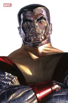 1boy alex_ross black_hair bodysuit colossus_(x-men) comic_cover company_name cover cover_page crossed_arms highres looking_at_viewer male_focus marvel metal_skin multicolored_bodysuit no_pupils official_art realistic red_bodysuit short_hair solo superhero_costume third-party_source two-tone_bodysuit upper_body western_comics_(style) white_background widow's_peak x-men yellow_bodysuit