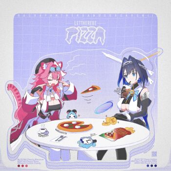 2girls animal_ear_fluff animal_ears black_hair black_thighhighs black_tube_top blue_eyes blue_hair bow bow_earrings breasts chain chain_headband cleavage coffee commentary drinking earrings english_commentary english_text food gloves goggles hair_between_eyes hair_intakes heart-shaped_gem highres hololive hololive_english iced_coffee jewelry kronie_(ouro_kronii) large_breasts long_hair long_sleeves man_levitating_pizza_(meme) manmes_214 margherita_pizza meme multicolored_hair multiple_girls open_mouth ouro_kronii ouro_kronii_(1st_costume) panther_ears panther_girl panther_tail pink_hair pink_tail pizza raora_panthera raora_panthera_(1st_costume) ribbon_earrings short_hair sitting strapless streaked_hair table tail telekinesis thighhighs tube_top virtual_youtuber white_hair white_thighhighs