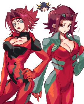 1boy 2girls :o bandana biker_clothes bikesuit blue_eyes bodysuit breasts brown_eyes choker cleavage code_geass color_connection cosplay costume_switch crossover elbow_gloves gloves hairstyle_connection highres izayoi_aki kouzuki_kallen large_breasts look-alike looking_at_viewer multiple_girls pilot_suit red_bodysuit red_hair short_hair sweat tawashipurin wide_hips yu-gi-oh! yu-gi-oh!_5d's yusei_fudo